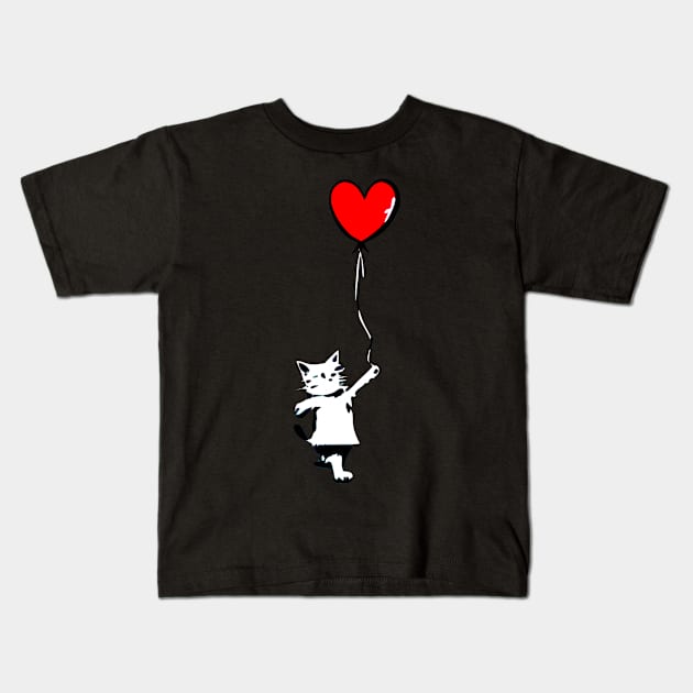 Cat with Balloon - Banksy style Kids T-Shirt by Christyn Evans